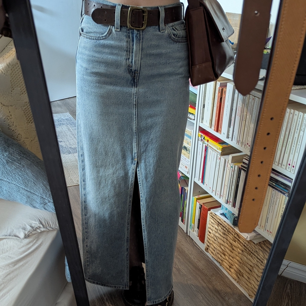 Classic Light Blue Denim Maxi Skirt with Front Slit, Size : 24